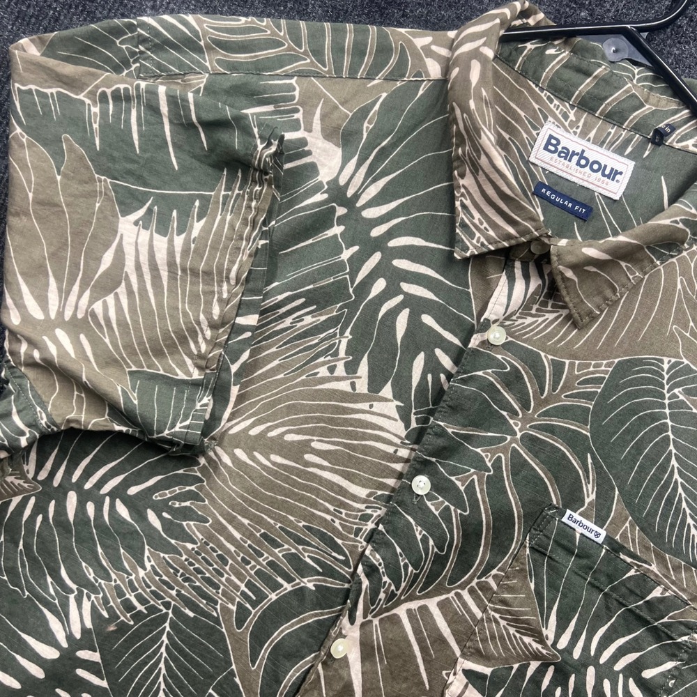 Barbour Mens XL Regular Fit Tropical Leaf Print Button Down Shirt Green MSH5287